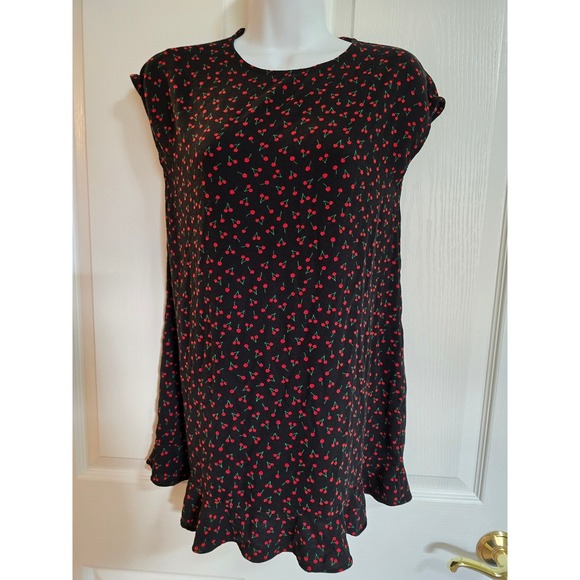 POPSUGAR‎ Black Red Cherry Print Ruffle Hem Cap Sleeve Mini Dress XS /0382 - Picture 2 of 4